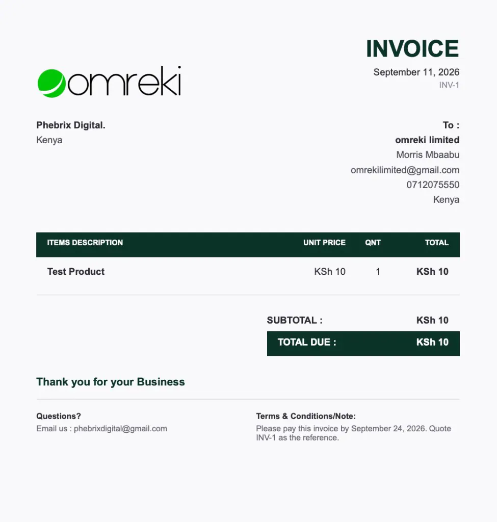 Sample Tynflo invoice with the business logo, line items, and total due